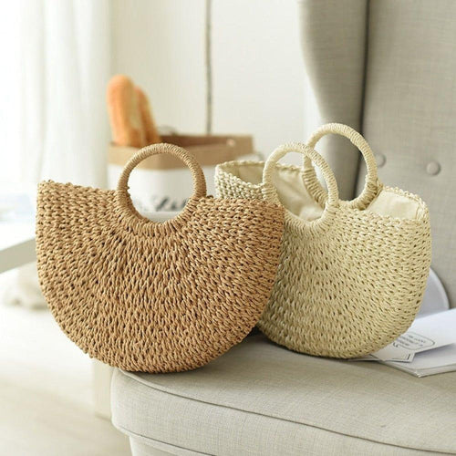 Load image into Gallery viewer, Designer Handbag: Summer Top Handle Semi Circle Straw Bag
