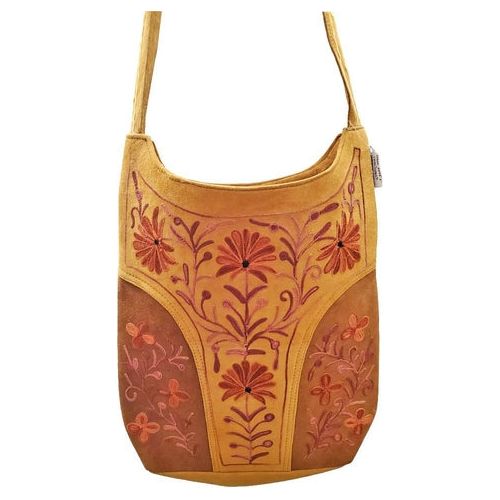 Handmade Suede Floral Design Embroidered Leather Satchel Bag