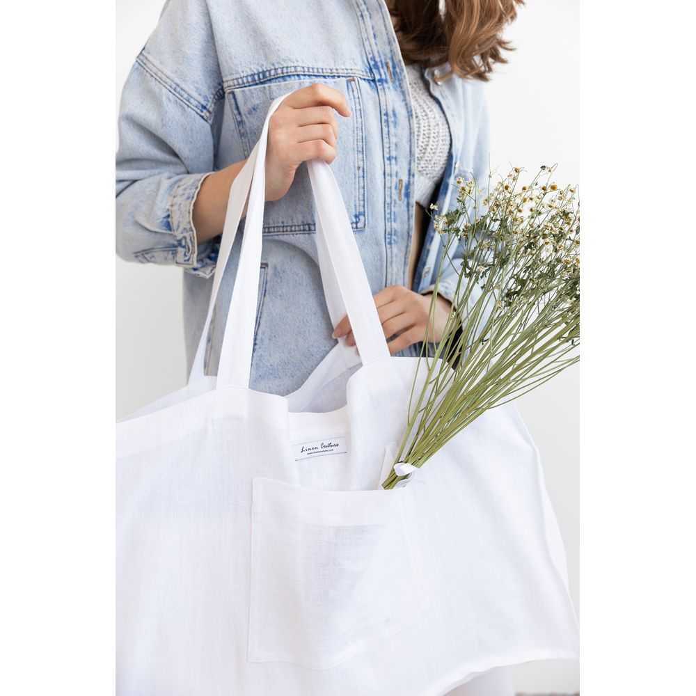 Ice Blue linen beach bag with pocket