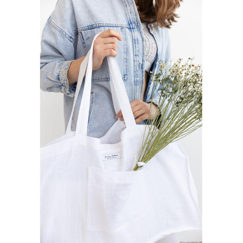 Load image into Gallery viewer, Natural Light linen beach bag with pocket
