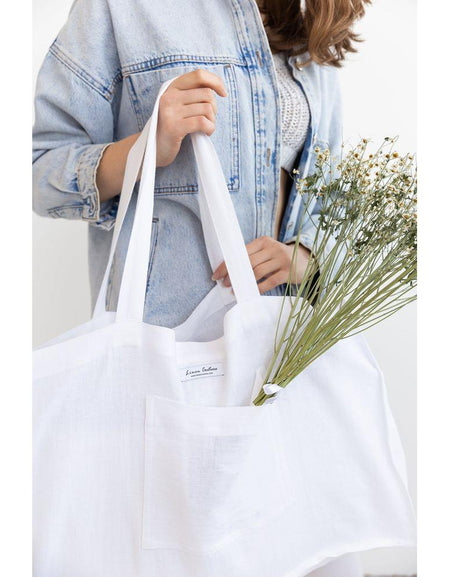 White linen beach bag