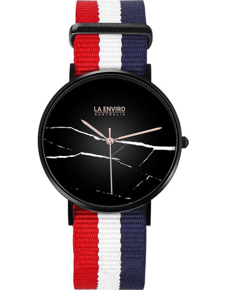 Black Marble Watch with Red, Blue & White NATO Strap | 40 MM