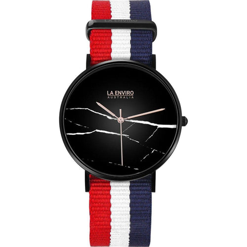 Load image into Gallery viewer, Black Marble Watch with Red, Blue &amp; White NATO Strap | 40 MM
