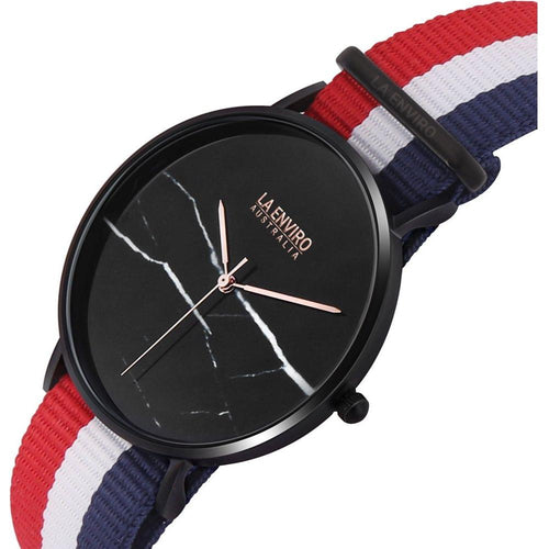 Load image into Gallery viewer, Black Marble Watch with Red, Blue &amp; White NATO Strap | 40 MM
