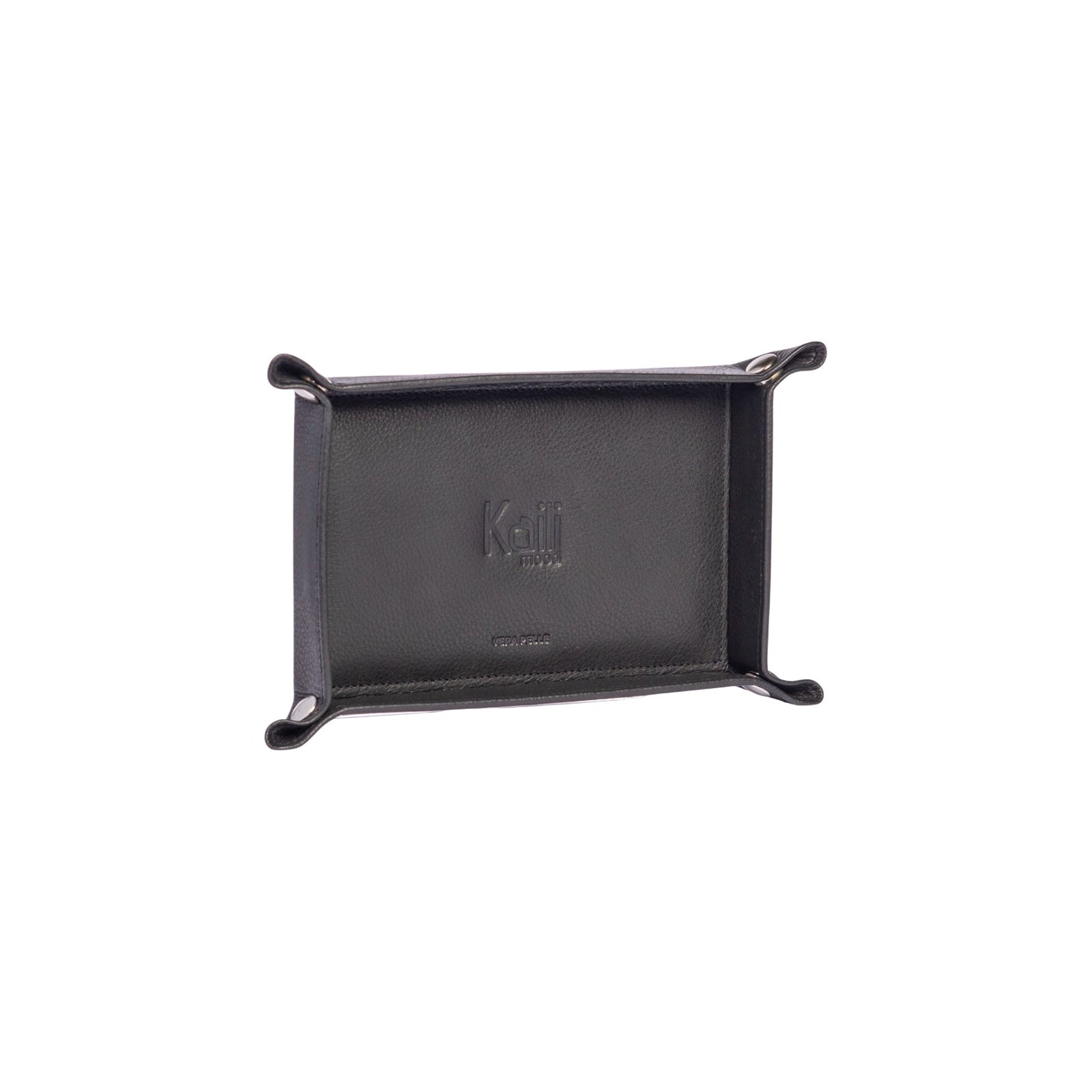 K0052AB  | Vuotatasche Rettangolare in Vera Pelle pieno fiore, con leggera grana. Colore Nero. Chiusura con bottoni automatici in finitura Argento Lucido. Dimensioni (da chiuso): cm 17 x 11 x 3-1