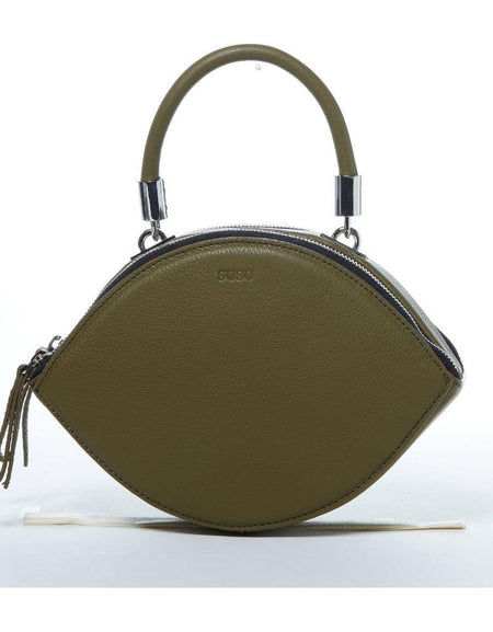 Kiss Circle Shape Leather Crossbody Bag in Olive Green