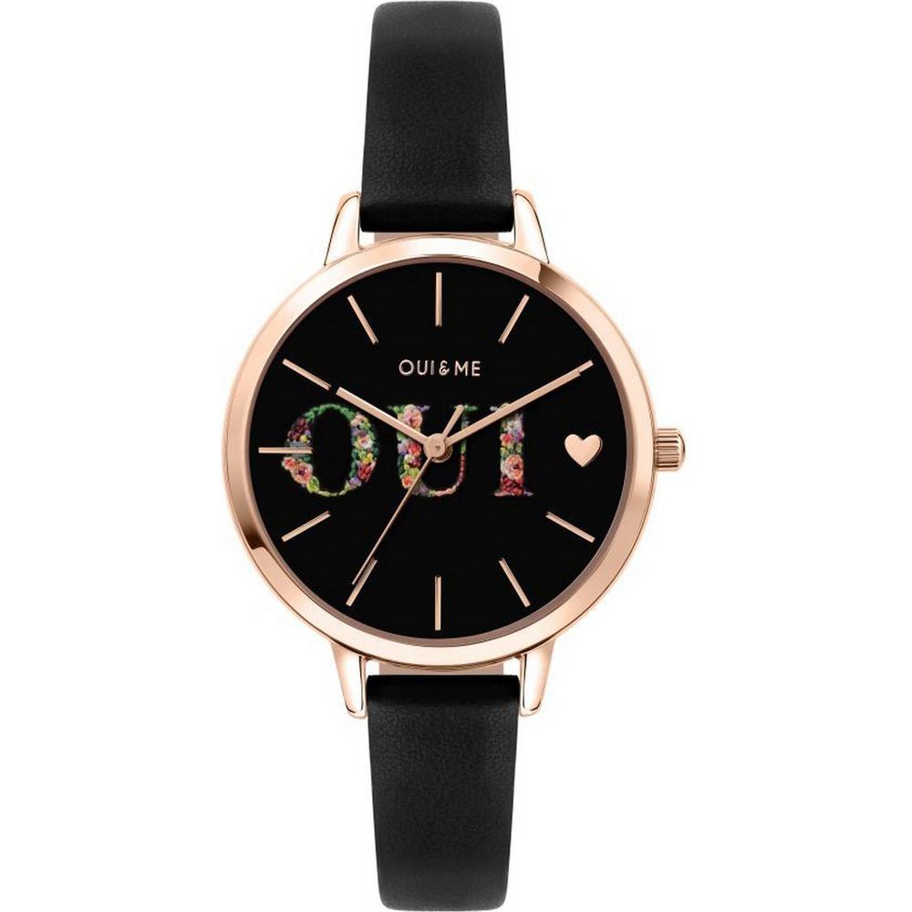 Oui & Me Fleurette Black Dial Leather Strap Quartz Women's Watch