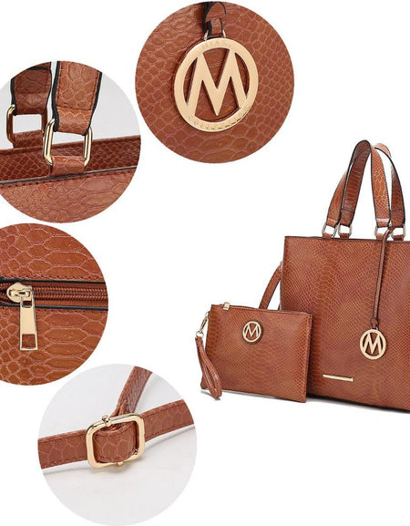 Beryl Snake Embossed Vegan Leather Women Tote Bag with Wristlet