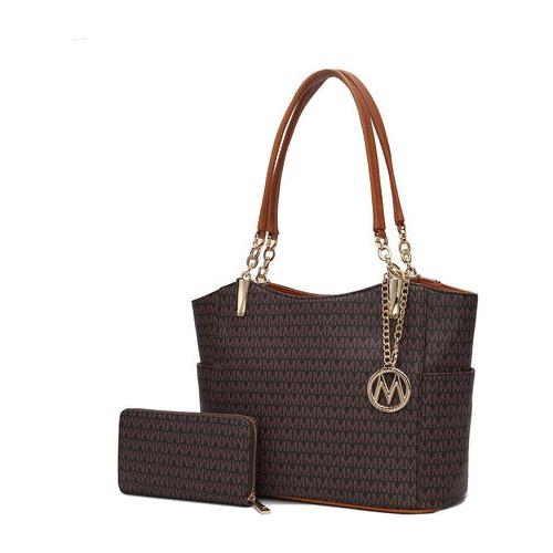 Savannah M Logo Printed Vegan Leather Women Tote and Wristlet Wallet