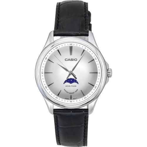 Load image into Gallery viewer, Casio Standard Analog Moon Phase Leather Strap Silver Dial Quartz MTP-M100L-7A Men&#39;s Watch
