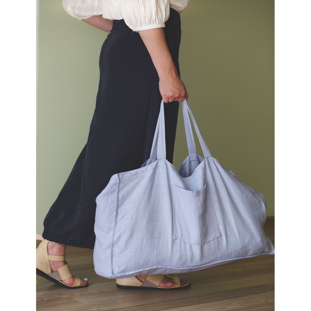 Ice Blue linen beach bag with pocket