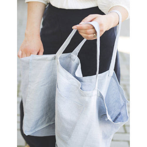 Load image into Gallery viewer, Ice Blue linen beach bag with pocket
