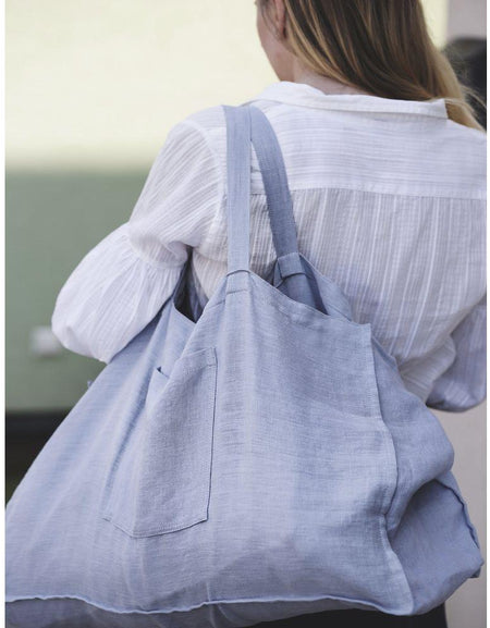Ice Blue linen beach bag with pocket