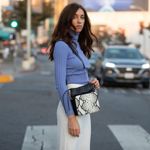 Load image into Gallery viewer, SUSU The Patricia Black Leather Bucket Bag with Snakeskin Design
