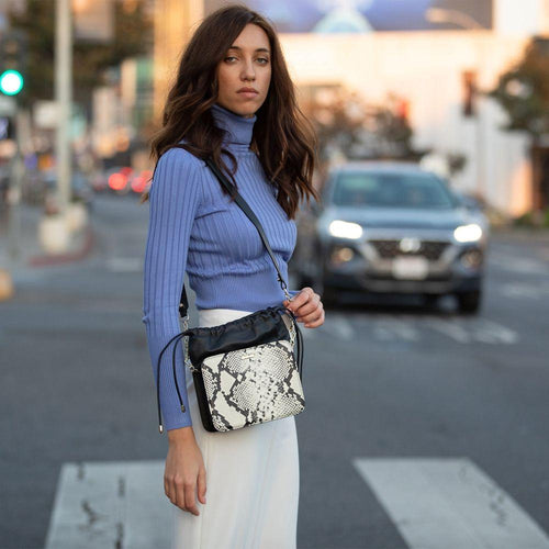 Load image into Gallery viewer, SUSU The Patricia Black Leather Bucket Bag with Snakeskin Design
