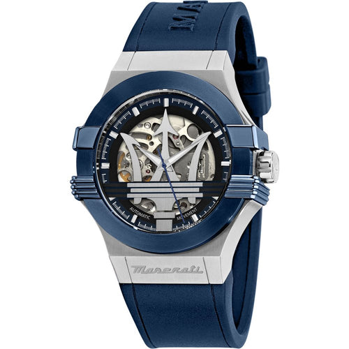 Load image into Gallery viewer, Maserati Potenza Blue Rubber Strap Silver Skeleton Dial Automatic Watch
