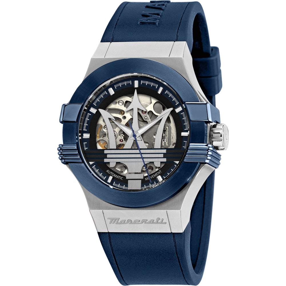 Maserati Potenza Blue Rubber Strap Silver Skeleton Dial Automatic Watch