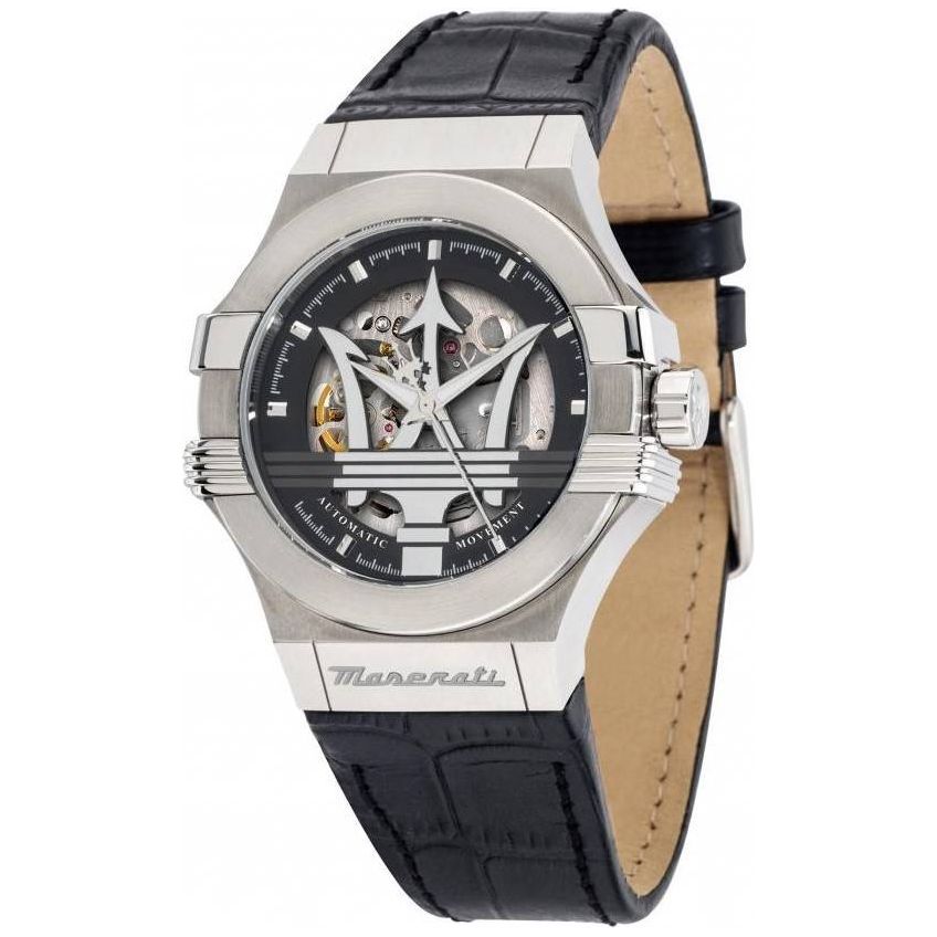 Maserati Potenza Leather Strap Skeleton Black Dial Automatic Men's Watch