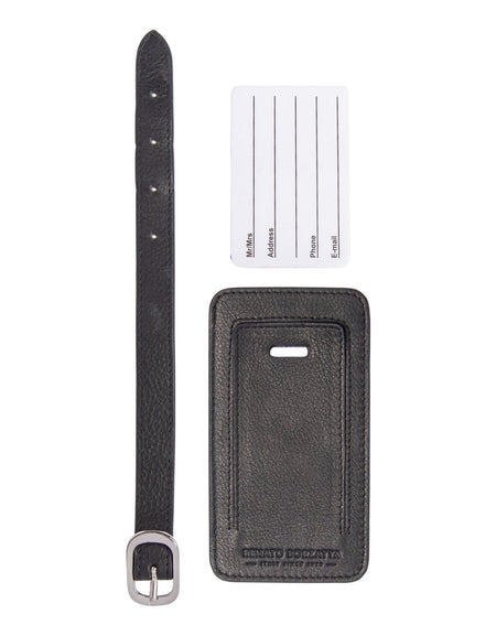 RB0054A | Targhetta per bagaglio in Vera Pelle pieno fiore con leggera grana. Colore Nero. Cinturino regolabile. Dimensioni: cm 6,5 x 12 x 0,5-1