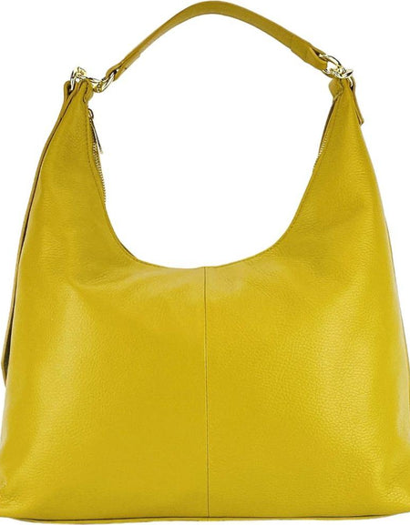 RB1017AR | Borsa Donna a spalla Morbida in Vera Pelle Made in Italy con manico singolo e tracolla removibile. Attacchi con moschettoni in metallo Oro Lucido - Colore Senape - Dimensioni: cm 36 x 40 x 13-1