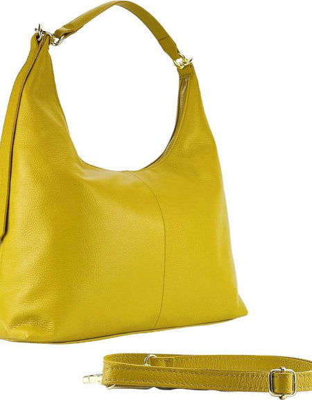RB1017AR | Borsa Donna a spalla Morbida in Vera Pelle Made in Italy con manico singolo e tracolla removibile. Attacchi con moschettoni in metallo Oro Lucido - Colore Senape - Dimensioni: cm 36 x 40 x 13-0