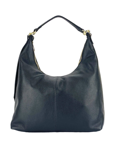 RB1017A | Borsa Donna a spalla Morbida in Vera Pelle Made in Italy con manico singolo e tracolla removibile. Attacchi con moschettoni in metallo Oro Lucido - Colore Nero - Dimensioni: cm 36 x 40 x 13-1