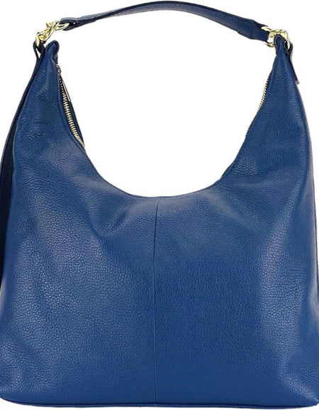 RB1017D | Borsa Donna a spalla Morbida in Vera Pelle Made in Italy con manico singolo e tracolla removibile. Attacchi con moschettoni in metallo Oro Lucido - Colore Blu - Dimensioni: cm 36 x 40 x 13-1