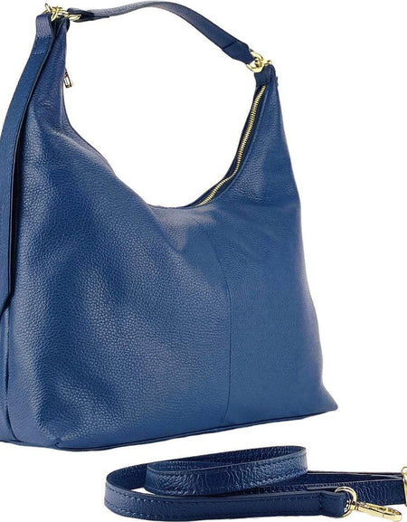 RB1017D | Borsa Donna a spalla Morbida in Vera Pelle Made in Italy con manico singolo e tracolla removibile. Attacchi con moschettoni in metallo Oro Lucido - Colore Blu - Dimensioni: cm 36 x 40 x 13-0