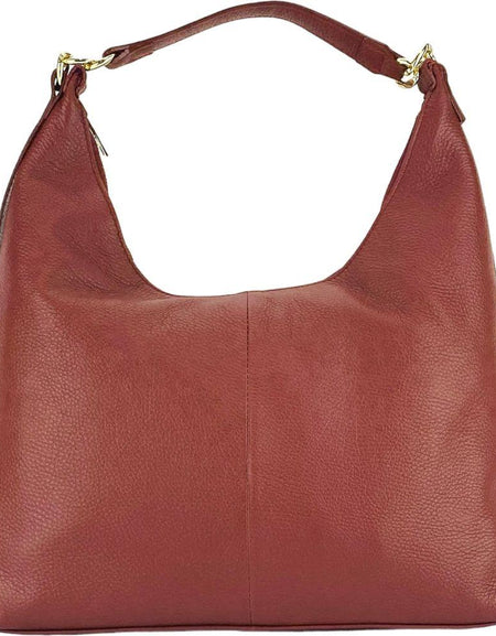 RB1017Q | Borsa Donna a spalla Morbida in Vera Pelle Made in Italy con tracolla removibile. Attacchi con moschettoni in metallo Oro Lucido - Colore Rubino - Dimensioni: cm 36 x 40 x 13-1