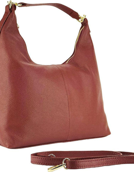 RB1017Q | Borsa Donna a spalla Morbida in Vera Pelle Made in Italy con tracolla removibile. Attacchi con moschettoni in metallo Oro Lucido - Colore Rubino - Dimensioni: cm 36 x 40 x 13-0