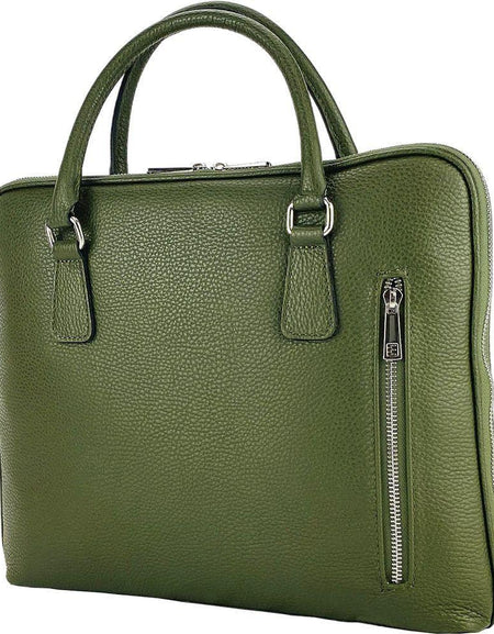 RB1019E | Cartella Business Unisex in Vera Pelle Made in Italy con tracolla removibile. Attacchi con moschettoni in metallo Nickel Lucido - Colore Verde - Dimensioni: cm 37 x 29 x 6,5-0