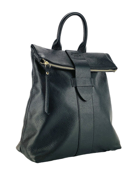 RB1021A | Zaino Donna Morbido in Vera Pelle Made in Italy con Spallacci regolabili. Chiusura lampo e Accessori in metallo Oro Lucido - Colore Nero - Dimensioni: cm 30 x 34 x 10,5-0