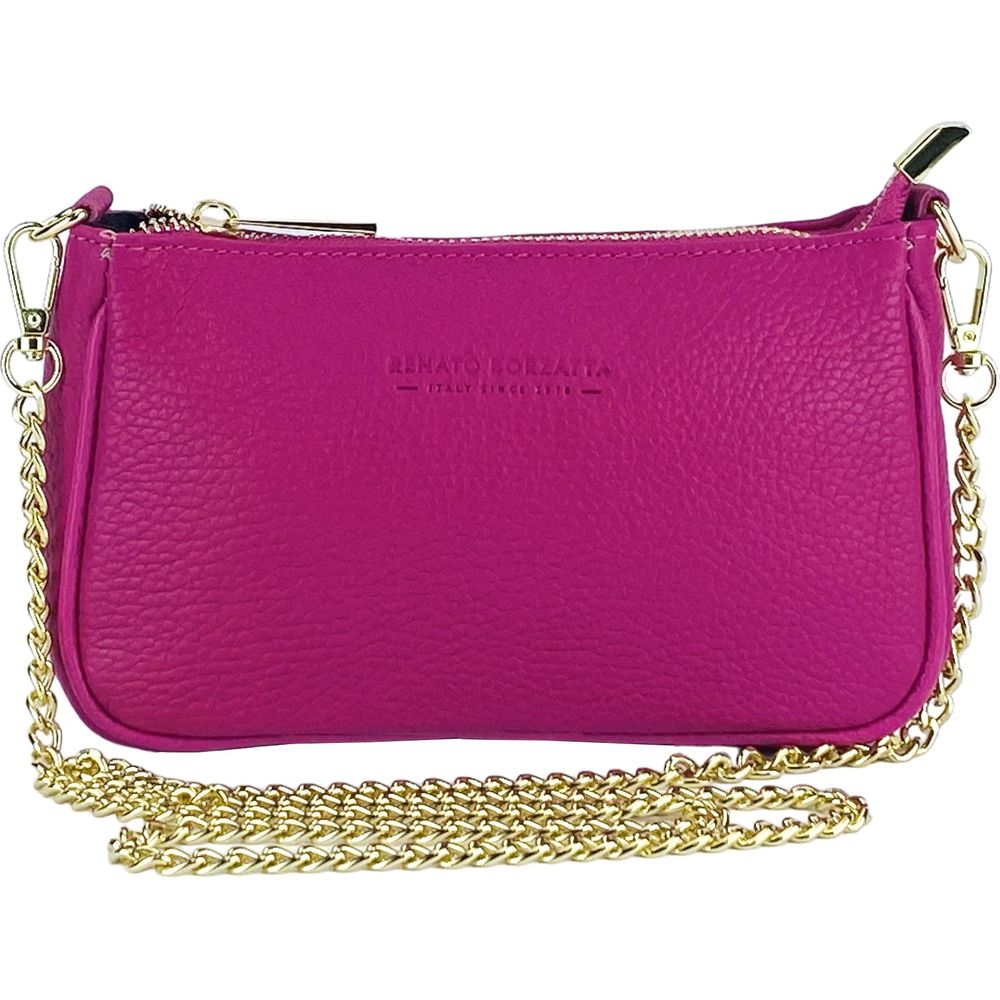 RENATO BORZATTA Borsa Piccola in Vera Pelle Made in Italy - Fuxia Mini Bag with Golden Metal Strap