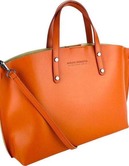 RB1024AM  | Borsa Donna a Mano in Vera Pelle Made in Italy con tracolla removibile. Sacca grande interna estraibile. Accessori Canna di Fucile Lucido - Colore Paprika - Dimensioni: cm 48x31x11-0