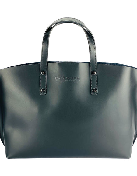 RB1024A  | Borsa Donna a Mano in Vera Pelle Made in Italy con tracolla removibile. Sacca grande interna estraibile. Accessori Canna di Fucile Lucido - Colore Nero - Dimensioni: cm 48x31x11-1