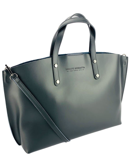 RB1024A  | Borsa Donna a Mano in Vera Pelle Made in Italy con tracolla removibile. Sacca grande interna estraibile. Accessori Canna di Fucile Lucido - Colore Nero - Dimensioni: cm 48x31x11-0