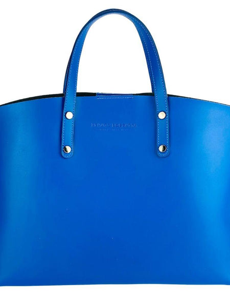 RB1024CH  | Borsa Donna a Mano in Vera Pelle Made in Italy con tracolla removibile. Sacca grande interna estraibile. Accessori Canna di Fucile Lucido - Colore Blu Royal - Dimensioni: cm 48x31x11-1