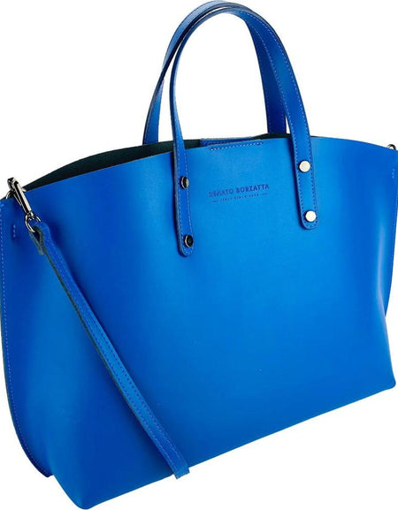 RB1024CH  | Borsa Donna a Mano in Vera Pelle Made in Italy con tracolla removibile. Sacca grande interna estraibile. Accessori Canna di Fucile Lucido - Colore Blu Royal - Dimensioni: cm 48x31x11-0
