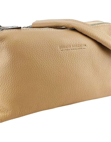 RB1025AU  | Borsa Donna a Mano con doppia lampo in Vera Pelle Made in Italy. Tracolla in pelle regolabile. Accessori Nickel Lucido - Colore Cipria - Dimensioni: cm 26 x 14 x 9-1