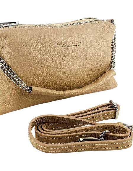 RB1025AU  | Borsa Donna a Mano con doppia lampo in Vera Pelle Made in Italy. Tracolla in pelle regolabile. Accessori Nickel Lucido - Colore Cipria - Dimensioni: cm 26 x 14 x 9-0