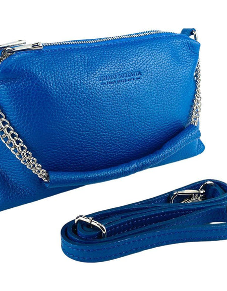 RB1025CH  | Borsa Donna a Mano con doppia lampo in Vera Pelle Made in Italy. Tracolla in pelle regolabile. Accessori Nickel Lucido - Colore Blu Royal - Dimensioni: cm 26 x 14 x 9-0