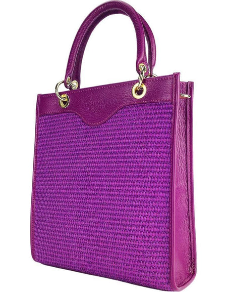 RENATO BORZATTA Vertical Handbag in Genuine Leather and Straw - Raspberry Elegance