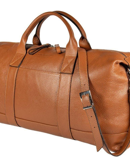 RB1029S | Borsone da Viaggio in Vera Pelle Made in Italy con Tracolla regolabile e removibile. Chiusura con lampo e Accessori in metallo Nickel Lucido - Colore Cognac - Dimensioni: cm 57 x 26 x 24-0