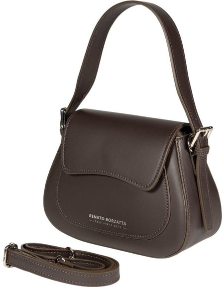 RB1030B | Borsa Donna a Spalla EMMA con pattina in Vera Pelle Made in Italy. Accessori in metallo Argento Lucido - Colore Testa Moro - Dimensioni: cm 24 x 18 x 9 + 14,5 (Luce manico)-1