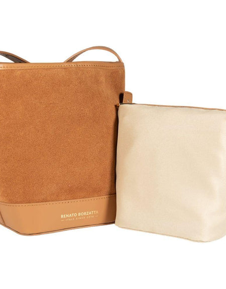 RB1031CQ  | Borsa Donna a Secchiello BRENDA in Vera Pelle Made in Italy. Accessori in metallo Oro Lucido - Colore Cuoio - Dimensioni: cm 25 x 23,5 x 17-1