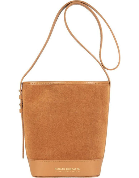 RB1031CQ  | Borsa Donna a Secchiello BRENDA in Vera Pelle Made in Italy. Accessori in metallo Oro Lucido - Colore Cuoio - Dimensioni: cm 25 x 23,5 x 17-0