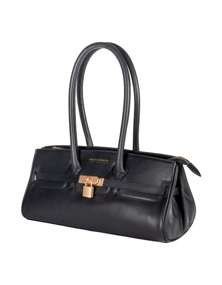 RB1033A | Borsa a Spalla Donna ARIANNA in Vera Pelle Morbida Sauvage Made in Italy. Accessori in metallo Oro Opaco. Colore Nero. Dimensioni: cm 34 x 15 x 16 + 20 (Luce manici)-1