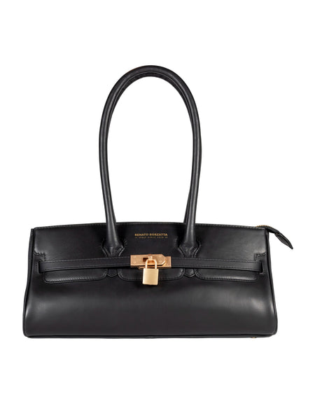 RB1033A | Borsa a Spalla Donna ARIANNA in Vera Pelle Morbida Sauvage Made in Italy. Accessori in metallo Oro Opaco. Colore Nero. Dimensioni: cm 34 x 15 x 16 + 20 (Luce manici)-0