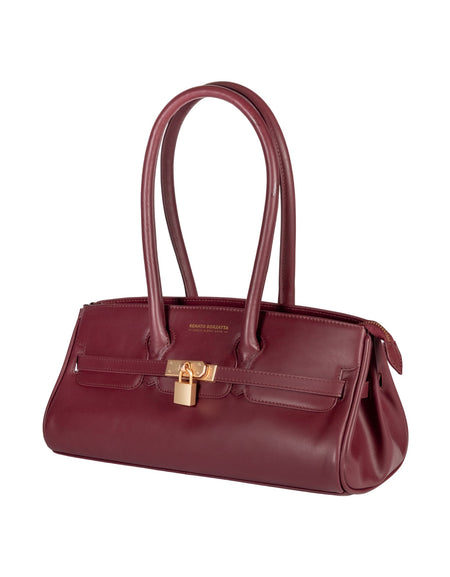 RB1033X | Borsa a Spalla Donna ARIANNA in Vera Pelle Morbida Sauvage Made in Italy. Accessori in metallo Oro Opaco. Colore Bordeaux. Dimensioni: cm 34 x 15 x 16 + 20 (Luce manici)-1