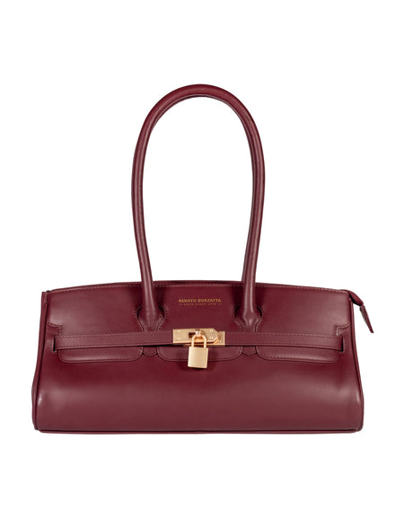 RB1033X | Borsa a Spalla Donna ARIANNA in Vera Pelle Morbida Sauvage Made in Italy. Accessori in metallo Oro Opaco. Colore Bordeaux. Dimensioni: cm 34 x 15 x 16 + 20 (Luce manici)-0